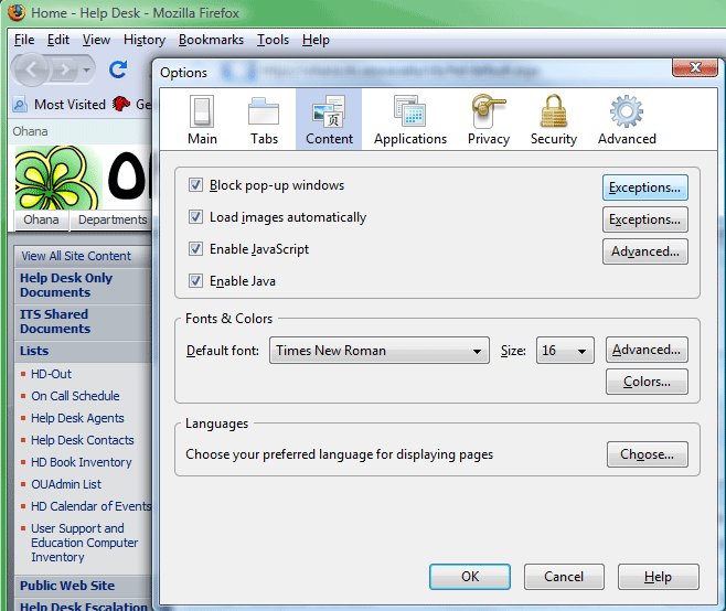 Fire Fox Pop Up Blocker options