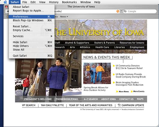 Safari Preferences menu