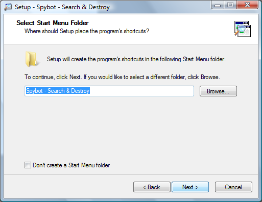 Select Start Menu Folder