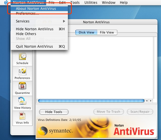 About Norton AntiVirus Menu