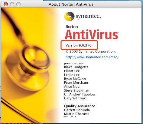 Norton AntiVirus Version screen